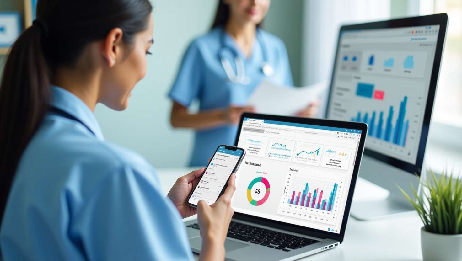 Healthcare professionals using quality software to analyze patient experience data.